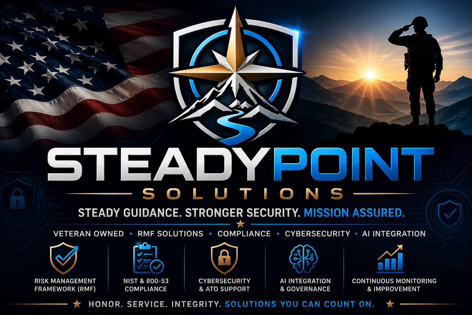 Steady Point Solutions brand graphic with American flag and mission imagery